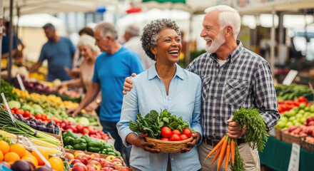 Happy senior couple at farmers market with basket of vegetables communicating health community and the joy of choosing local seasonal produce