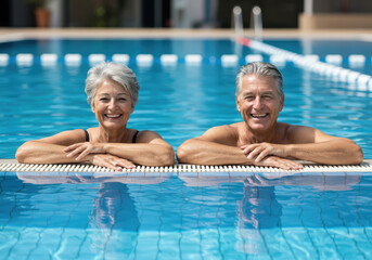 Happy senior couple in a pool, enjoying a moment of relaxation, a symbol of vitality and joy in a relationship