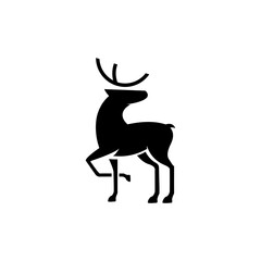 A minimalist black silhouette of a majestic deer with antlers, standing with one leg raised on a clean white background.