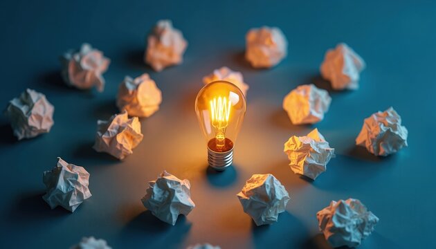 Glowing lightbulb surrounded by crumpled paper balls on blue background. Bright idea shines among rejected thoughts. Innovation concept with illuminated bulb and discarded papers.