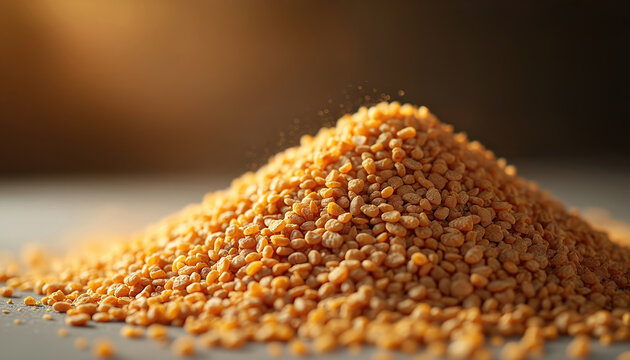 Close up of golden toasted malt grains in pile. Small brown cereal seeds key ingredient for craft beer brewing. Dry raw material adds flavor, color to alcohol production. Used in distilleries.