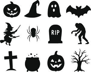 Complete Set of 12 Halloween Silhouettes – Full Black Vector Icons Featuring Ghosts, Witches, Pumpkins, Bats, Zombies, and Spooky Elements Isolated on White Background