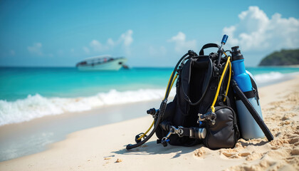 Scuba diving gear sits on a sandy beach beside clear turquoise ocean water. A boat sails on the horizon under a bright blue sky. Ready for adventure.