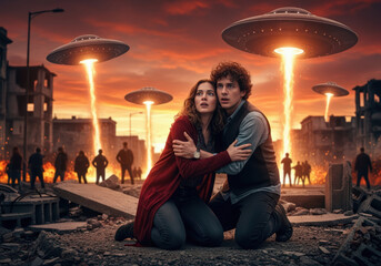 Terrified couple in an alien invasion, reflecting fear, the unknown, and a struggle for survival in an apocalyptic atmosphere