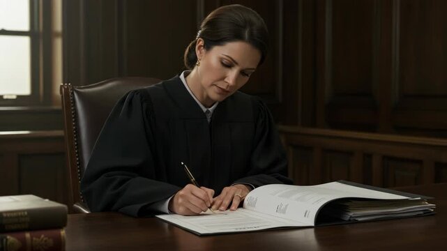Serious Judge Writing on Documents at Desk in Courtroom With Dark Wood Paneling and Law Books under Soft Natural Lighting