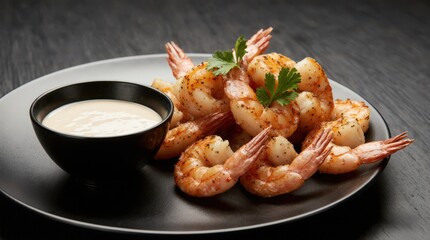 Golden shrimp arranged with parsley on black plate, smooth dipping sauce bowl, warm inviting natural light, elegant high-end culinary style

