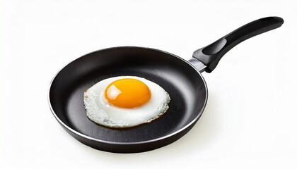 a single fried egg with a runny yolk in a dark frying pan against a white background background removed