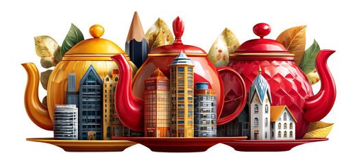Colorful Teapots with Cityscape Design on Transparent Background