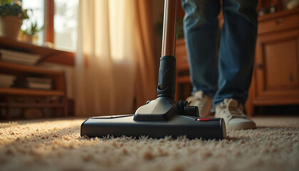 Person cleans soft beige shaggy carpet with modern vacuum cleaner. Warm sunlight streams from window into this cozy comfortable home room. Regular cleaning maintains tidy, fresh living space daily.