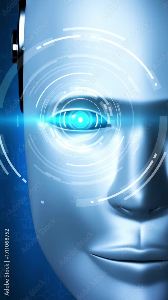 Wall mural robot hominoid face close up with graphic concept of engineering science study by ai thinking brain,