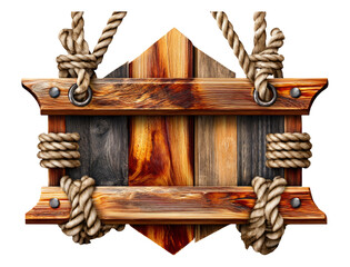 Wooden Decorative Sign with Rope and Metal Accents on Transparent Background
