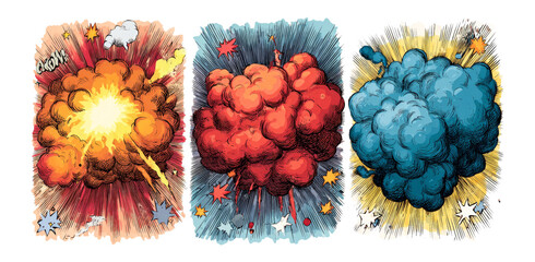 Colorful Explosion Art Illustrations in Dynamic Comic Style on Transparent Background