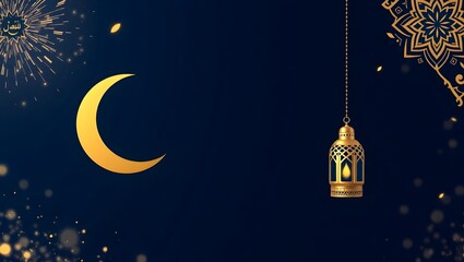Fototapeta premium Islamic celebration background with moon and lantern for greetings, flyers, or social media 