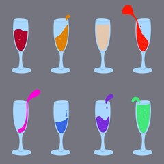 A set of wine or champagne glasses with colorful drinks. Vector illustration.