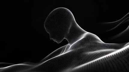 Man's head is shown in a black and white photo with a blurry background. The photo is of a computer generated image, which gives the impression of a futuristic or otherworldly scene