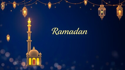 Festive Ramadan background in royal blue with glowing mosque silhouette for posters and social media