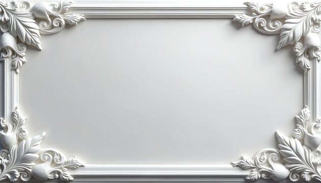 White photo frame with leaf design. Elegant border with floral ornate elements. Art deco graphic three dimensional decor. Light clean luxury background. Visual image picture with aesthetic motif - Powered by Adobe