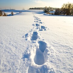 Footprints in fresh snow on a sunny winter day
