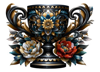 Elegant Floral Trophy Design with Colorful Flowers on Black Background