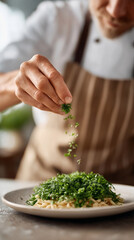 Chef's hand sprinkling fresh herbs over gourmet dish in cafe setting