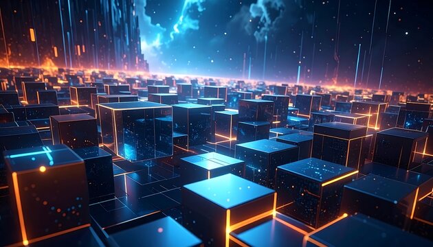 A vibrant, futuristic cityscape of glowing cubes and data streams under a stormy, luminous sky