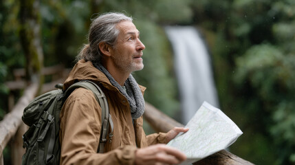 Adventurous journey: traveler with map and backpack crossing wooden bridge in nature