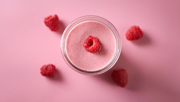 pink smoothie with raspberries on pink background - Powered by Adobe