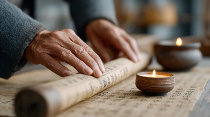 Hand opening bamboo scroll in dimly lit library setting