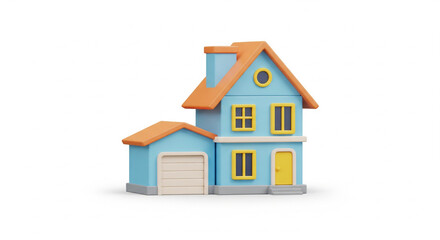Adorable Cartoon-Style Blue House with Yellow Windows and an Attached Garage on an Isolated transparent background.