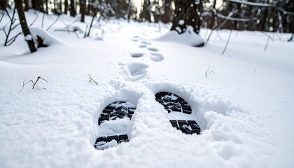 Footprints in the snow-covered forest