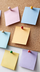 Colorful sticky notes arranged on a cork vision board for creative organization