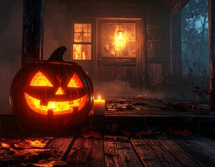 Glowing jack-o-lantern on rustic wooden porch step with candlelight, autumn leaves, and moody shadows in retro Halloween style with film grain texture