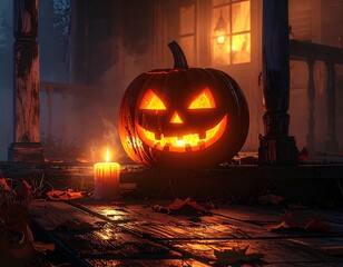 Glowing jack-o-lantern on rustic wooden porch step with candlelight, autumn leaves, and moody shadows in retro Halloween style with film grain texture
