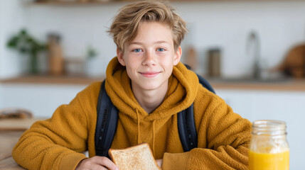 Teen boy enjoying healthy breakfast with peanut butter and banana toast