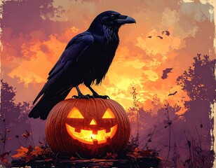 Raven perched on carved pumpkin with faint glow, muted plum and burnt orange tones, retro Halloween silhouette illustration with film grain and vintage feel