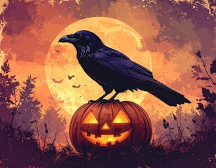 Raven perched on carved pumpkin with faint glow, muted plum and burnt orange tones, retro Halloween silhouette illustration with film grain and vintage feel