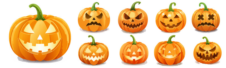 Set of Halloween Carved Pumpkins featuring various emotional expressions, perfect for spooky seasonal designs.