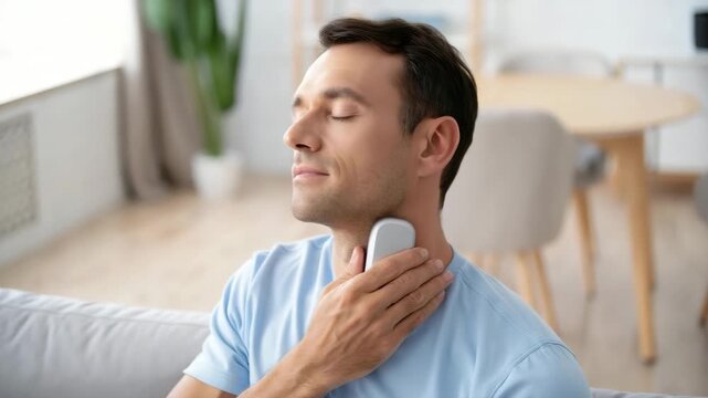 Man using vagus nerve stimulation device at home for stress relief and relaxation, handheld neuromodulation therapy tool for nervous system balance and wellness improvement