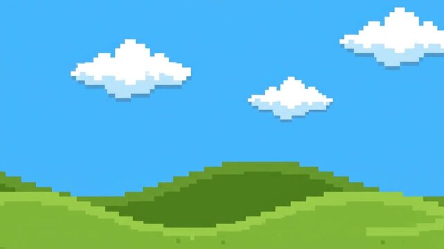 A vibrant pixel art landscape with rolling green hills and a bright blue sky evoking a classic 8-bit retro video game scene perfect for a scenic game level or background art