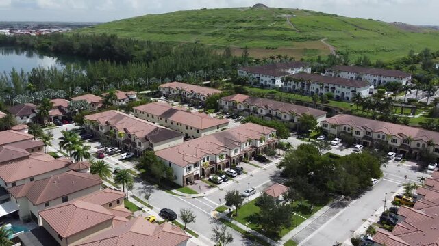 Aerial drone footage of residential neighborhood with lake in Doral, Florida