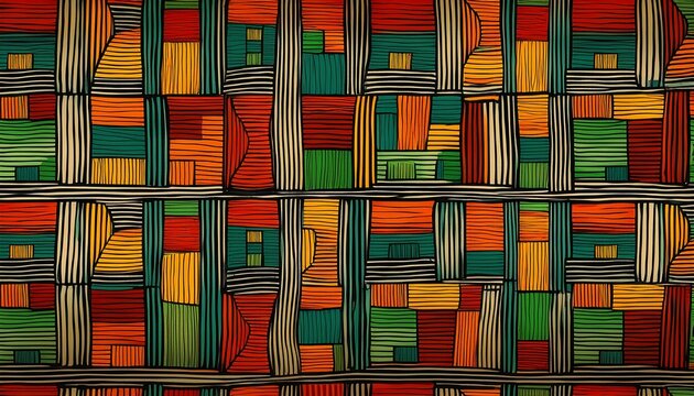 african inspired hand drawn square block tiles pattern with simple geometric lines and shapes bright colorful ethnic print wallpaper background design for black history month juneteenth kwanzaa
