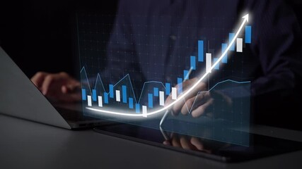 This image depicts a business professional analyzing a digital graph on a laptop, illustrating growth trends in finance and strategy, set in a modern workspace. Copula - Powered by Adobe