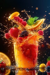 A vibrant splash of orange juice with falling strawberries, raspberries, and blackberries, captured in a dynamic, high-speed photograph