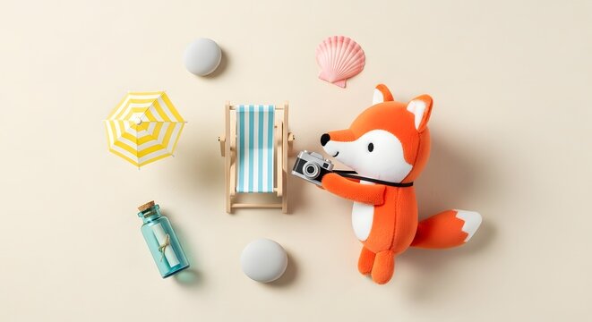 Playful toy fox holding camera with beach holiday props including striped deck chair, seashell, parasol, message in a bottle, and smooth stones on pastel background