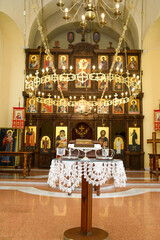 June 9, 2024 - Belgrade, Serbia. Church of St. Apostles Peter and Paul. Interior with two silver...