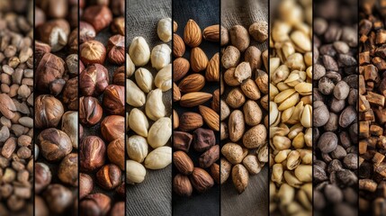 Big, large collage of a vibrant food . Close-up of various nuts, including almonds, hazelnuts, pecans, showcases their textures. Rich colors, details highlight their natural, wholesome appeal.