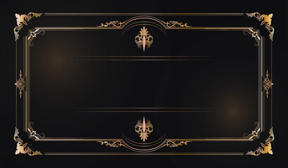 Elegant decorative golden frame with vintage floral ornaments on black background, perfect for invitations, menus, greeting cards, luxury packaging, and certificates.