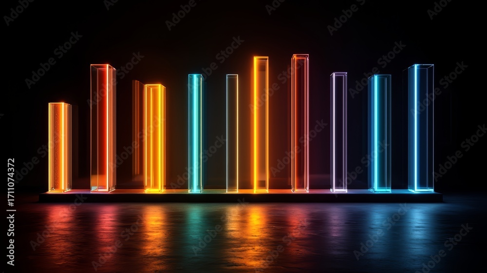Wall mural series of colorful, neon-lit columns are arranged in a row. the columns are of different heights and