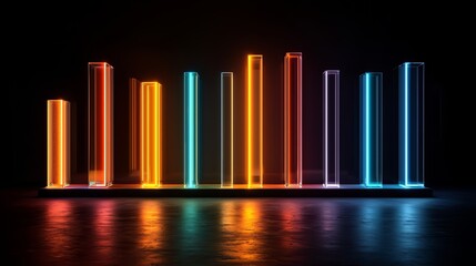 Obraz premium Series of colorful, neon-lit columns are arranged in a row. The columns are of different heights and colors, creating a visually striking and dynamic scene. Scene is energetic and vibrant