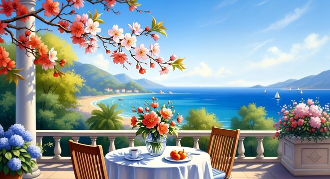 A Coastal Serenity: A European Breakfast Overlooking a Blooming Ocean